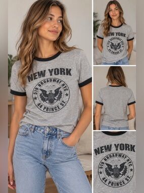 Brandy Melville New York Graphic Ringer Tee - Gray & Black